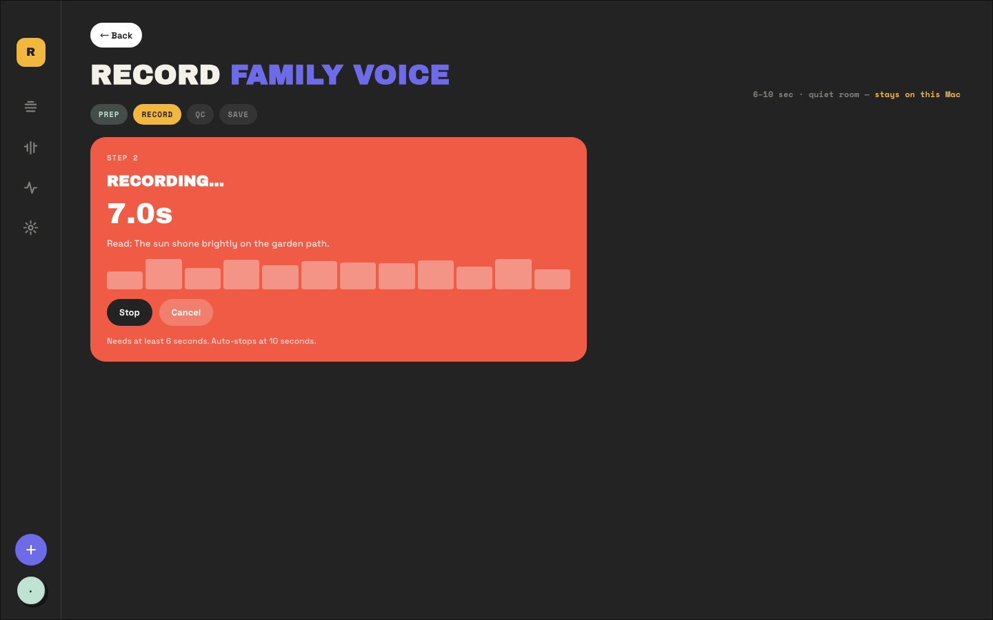 Elmren Voice recording a reusable family voice on a Mac