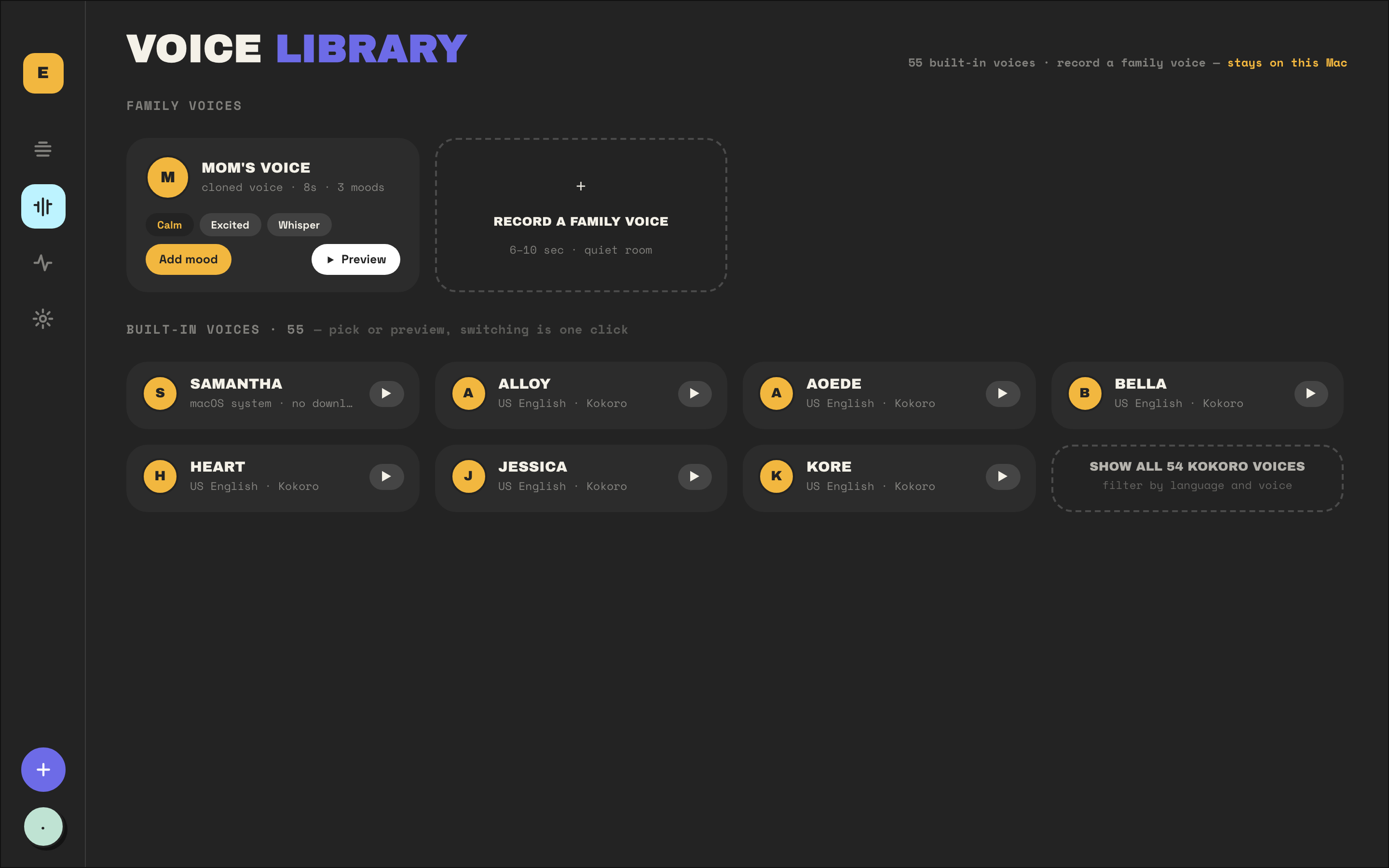 Voice library — a cloned family voice beside the built-in voices
